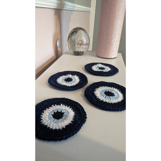 Set of 4 Blue Evil Eye Crochet Coasters