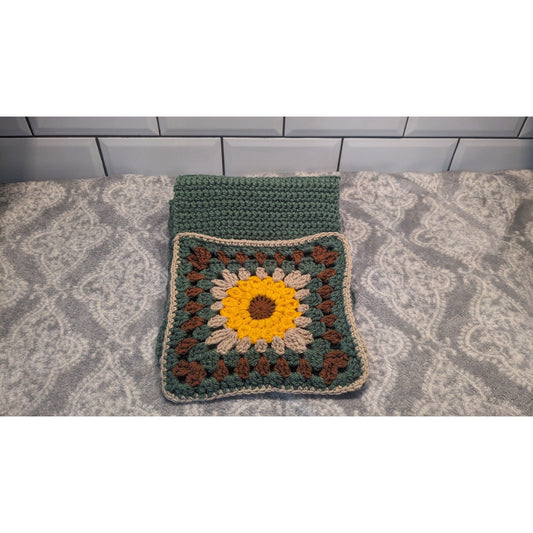 Handmade Crochet Scarf with 2 Sunflower Granny Square Pockets